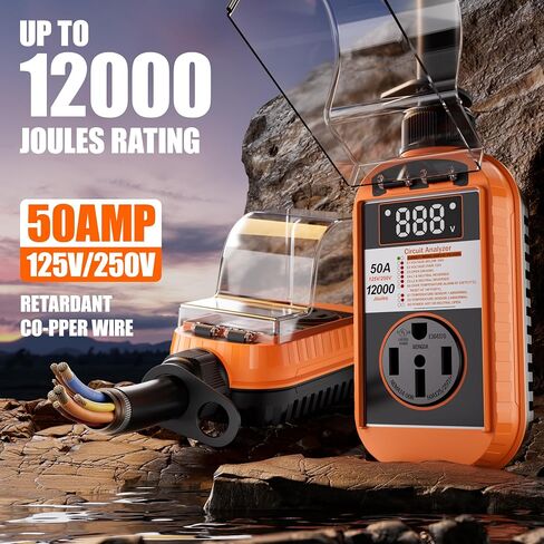 Smart RV Surge Protector 50 Amp Waterproof, 12000 Joules with LCD Display, RV Circuit Analyzer with Waterproof Cover, RV Power Voltage Protection Guard Camper Accessories for Travel Trailers in Kuwait