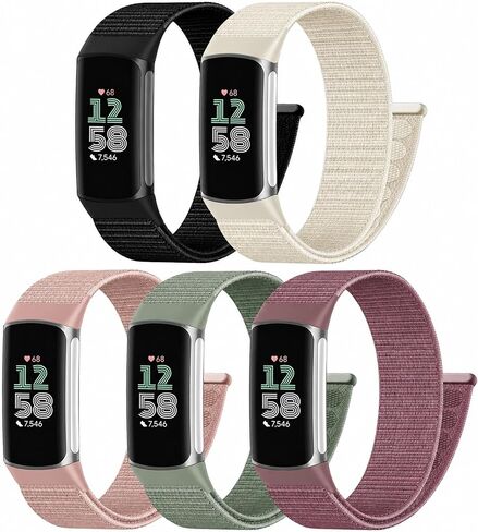 5 قطع من النايلون الرياضي المتوافق مع Fitbit Charge 6/Fitbit Charge 5، سوار معصم بديل من النايلون الناعم المسامي وقابل للغسل للشحن 6/Charge 5 للرجال والنساء in Kuwait