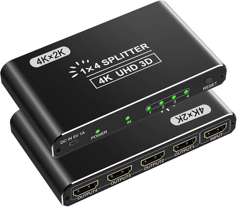 مقسم HDMI، مقسم HDMI 4K 1 في 4 مخرج للشاشات المزدوجة يدعم الألومنيوم ثلاثي الأبعاد عالي الدقة 1080 بكسل متوافق مع PS4 Fire Stick HDTV (مصدر واحد إلى 4 شاشات) أسود in Kuwait