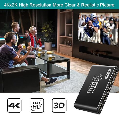 مقسم HDMI، مقسم HDMI 4K 1 في 4 مخرج للشاشات المزدوجة يدعم الألومنيوم ثلاثي الأبعاد عالي الدقة 1080 بكسل متوافق مع PS4 Fire Stick HDTV (مصدر واحد إلى 4 شاشات) أسود in Kuwait