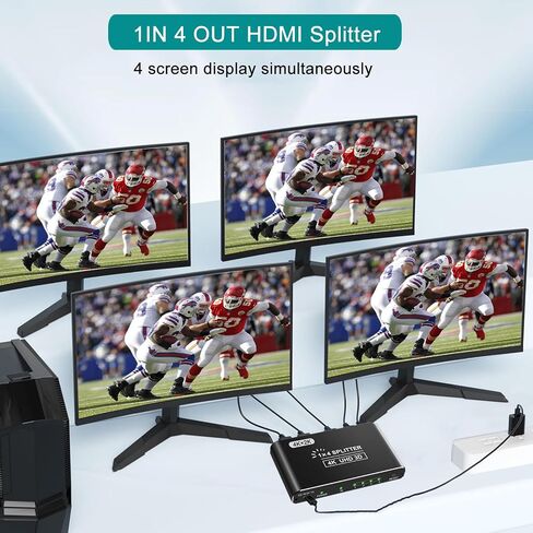 مقسم HDMI، مقسم HDMI 4K 1 في 4 مخرج للشاشات المزدوجة يدعم الألومنيوم ثلاثي الأبعاد عالي الدقة 1080 بكسل متوافق مع PS4 Fire Stick HDTV (مصدر واحد إلى 4 شاشات) أسود in Kuwait