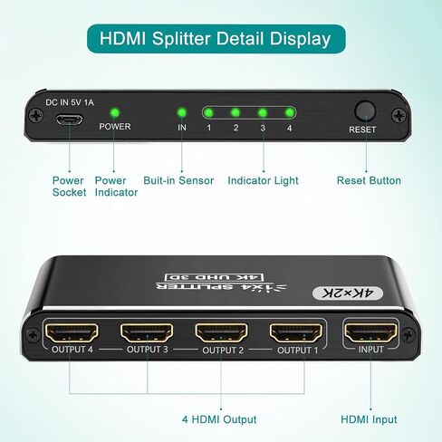 مقسم HDMI، مقسم HDMI 4K 1 في 4 مخرج للشاشات المزدوجة يدعم الألومنيوم ثلاثي الأبعاد عالي الدقة 1080 بكسل متوافق مع PS4 Fire Stick HDTV (مصدر واحد إلى 4 شاشات) أسود in Kuwait