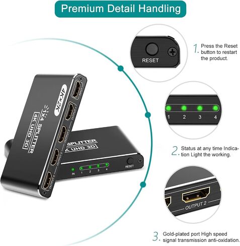 مقسم HDMI، مقسم HDMI 4K 1 في 4 مخرج للشاشات المزدوجة يدعم الألومنيوم ثلاثي الأبعاد عالي الدقة 1080 بكسل متوافق مع PS4 Fire Stick HDTV (مصدر واحد إلى 4 شاشات) أسود in Kuwait