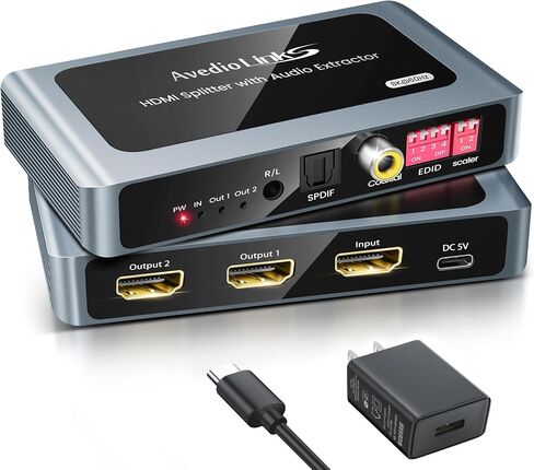 8K@60Hz HDMI Splitter 1 in 2 Out with Audio Extractor, HDMI 1x2 +Spdif +Coaxial +3.5mm Stereo Audio Output, Support 4K@120Hz, HDR10+, VRR, ALLM, 48Gbps, Dobly Vision Atmos, HDCP2.3 Bypass, DownScaler in Kuwait