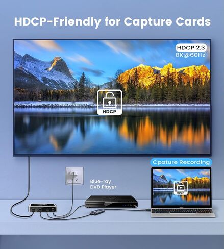 8K@60Hz HDMI Splitter 1 in 2 Out with Audio Extractor, HDMI 1x2 +Spdif +Coaxial +3.5mm Stereo Audio Output, Support 4K@120Hz, HDR10+, VRR, ALLM, 48Gbps, Dobly Vision Atmos, HDCP2.3 Bypass, DownScaler in Kuwait