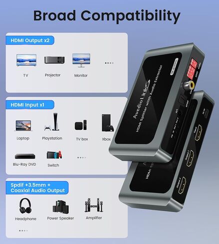 8K@60Hz HDMI Splitter 1 in 2 Out with Audio Extractor, HDMI 1x2 +Spdif +Coaxial +3.5mm Stereo Audio Output, Support 4K@120Hz, HDR10+, VRR, ALLM, 48Gbps, Dobly Vision Atmos, HDCP2.3 Bypass, DownScaler in Kuwait