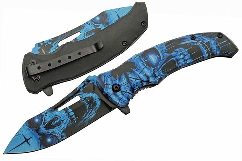 SZCO Supplies 8.5" Haunted Skull Liner Lock EDC Folding Knife With Pocket Clip, Blue (300577-BL) in Saudi Arabia