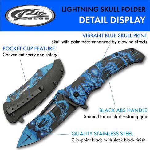 SZCO Supplies 8.5" Haunted Skull Liner Lock EDC Folding Knife With Pocket Clip, Blue (300577-BL) in Saudi Arabia