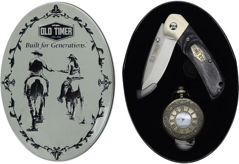 مجموعة هدايا سكين قابل للطي وساعة جيب من Old Timer - Schrade 1227062 - مقبض خشبي مصقول باللون الرمادي، شفرة من الفولاذ المقاوم للصدأ - تتضمن علبة هدايا لهواة الجمع - مجموعة جيب كلاسيكية للرجال in Kuwait