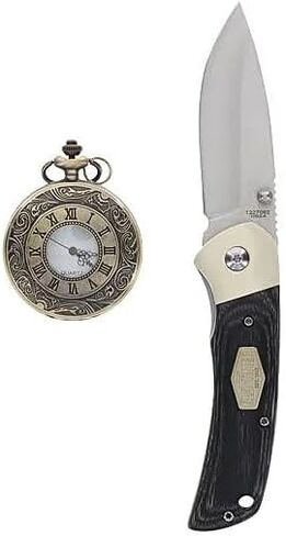مجموعة هدايا سكين قابل للطي وساعة جيب من Old Timer - Schrade 1227062 - مقبض خشبي مصقول باللون الرمادي، شفرة من الفولاذ المقاوم للصدأ - تتضمن علبة هدايا لهواة الجمع - مجموعة جيب كلاسيكية للرجال in Kuwait