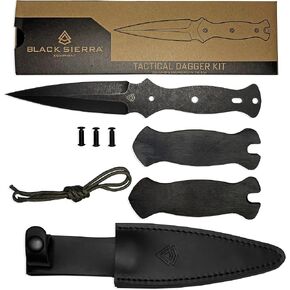 Black Sierra DIY Tactical Dual Edge Knife Making Kit, Build Your Own Fixed Stainless Steel Blade with Leather Sheath, Hobby Project for Camping, Hunting, Survival, Fishing in Kuwait