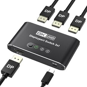 محول DisplayPort 3 في 1 مخرج 8K@60 هرتز، محول DP يوصل 3 أجهزة كمبيوتر بشاشة واحدة، محدد DisplayPort 1.4 3×1، محول زر يدوي لسطح المكتب/GPU/الكمبيوتر المحمول - اتصال مباشر فقط (بدون قاعدة توصيل/KVM) in Kuwait