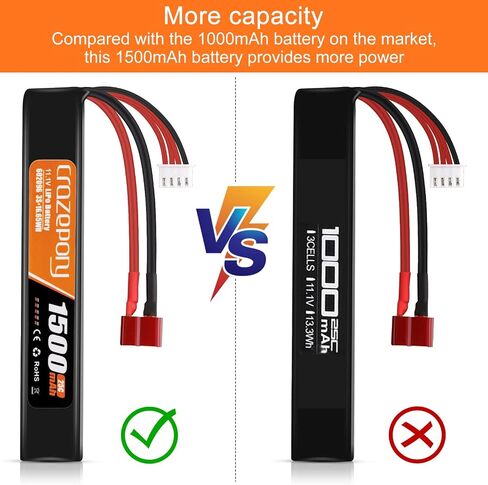 11.1V Airsoft Battery 3S LiPo 1500mAh with T-Plug for Airsoft Model Rifle in Kuwait