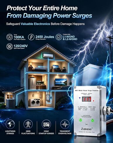 WiFi Whole House Surge Protector - 100 KA/Phase, 2450 Joules (Total), Real-Time WiFi Monitoring, Instant Surge Alerts & Historical Surge Tracking, Type 2 SPD for 120/240V Panels in Saudi Arabia