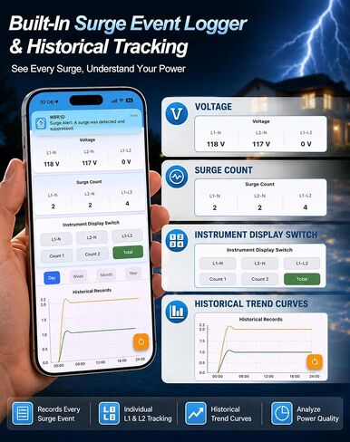 WiFi Whole House Surge Protector - 100 KA/Phase, 2450 Joules (Total), Real-Time WiFi Monitoring, Instant Surge Alerts & Historical Surge Tracking, Type 2 SPD for 120/240V Panels in Saudi Arabia