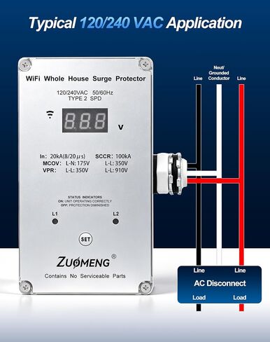 WiFi Whole House Surge Protector - 100 KA/Phase, 2450 Joules (Total), Real-Time WiFi Monitoring, Instant Surge Alerts & Historical Surge Tracking, Type 2 SPD for 120/240V Panels in Saudi Arabia