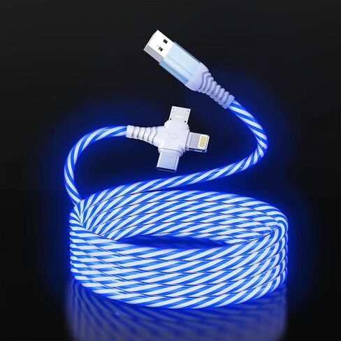 كابل شاحن iPhone متعدد متدفق 3 في 1، Lightning/Type C/Micro USB Car RGB متوهج سلك موصل لهاتف Apple iPhone 15/14/13/12/11 Pro Max/XR/XS/SE، iPad/Android/Samsung (6.6FT/2M أزرق) in Kuwait