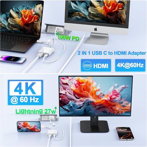 محول Apple USB-C وLightning إلى HDMI لأجهزة iPhone iPad إلى TV 4K@60 هرتز MFi معتمد Lightning/Type-C Digital AV HDMI محول 2.0 سلك متوافق مع iPhone 17 16 15 14 ipad Samsung، سويتش 2 في 2 in Kuwait