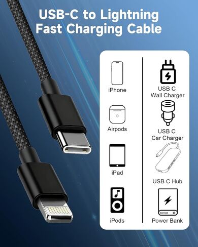 iPhone Charger Lightning Cable 6FT 2Pack,[Apple MFi Certified]USB C to Lightning Cable Cord Black,Nylon Braided iPhone Fast Charger Charging Cord for iphone 14 13 12 11 Pro Max X 8 7 6 SE,iPad Air/Pro in Saudi Arabia