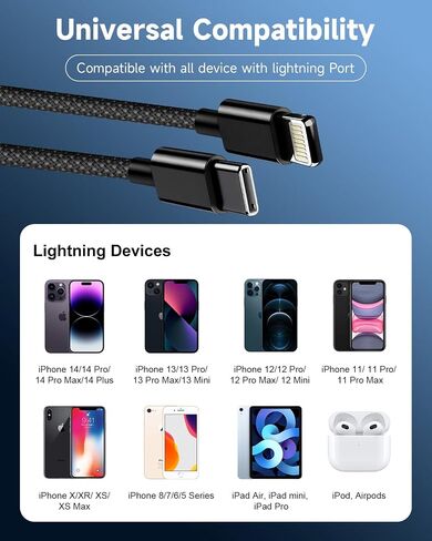 iPhone Charger Lightning Cable 6FT 2Pack,[Apple MFi Certified]USB C to Lightning Cable Cord Black,Nylon Braided iPhone Fast Charger Charging Cord for iphone 14 13 12 11 Pro Max X 8 7 6 SE,iPad Air/Pro in Saudi Arabia