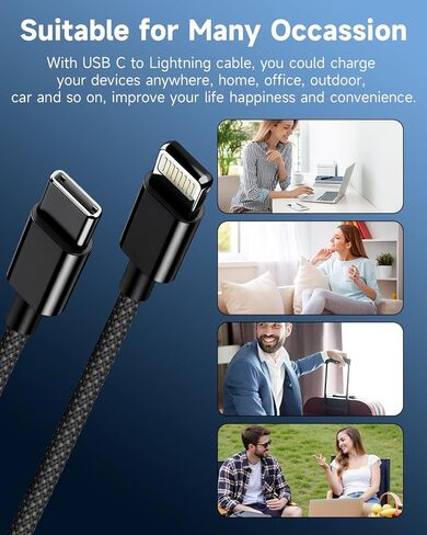 iPhone Charger Lightning Cable 6FT 2Pack,[Apple MFi Certified]USB C to Lightning Cable Cord Black,Nylon Braided iPhone Fast Charger Charging Cord for iphone 14 13 12 11 Pro Max X 8 7 6 SE,iPad Air/Pro in Saudi Arabia