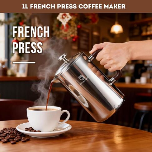 TOMAKEIT 1L/34 Oz French Press Coffee Maker,304 Stainless Steel Coffee Press,Durable & Easy Clean,Leak-Proof Design,Prensa Francesa Para Cafe for Home,Office,Camping (Silver-Upgrade) in Kuwait