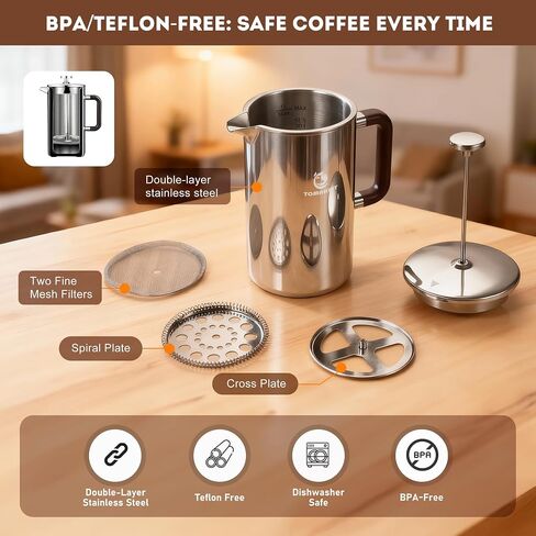 TOMAKEIT 1L/34 Oz French Press Coffee Maker,304 Stainless Steel Coffee Press,Durable & Easy Clean,Leak-Proof Design,Prensa Francesa Para Cafe for Home,Office,Camping (Silver-Upgrade) in Kuwait
