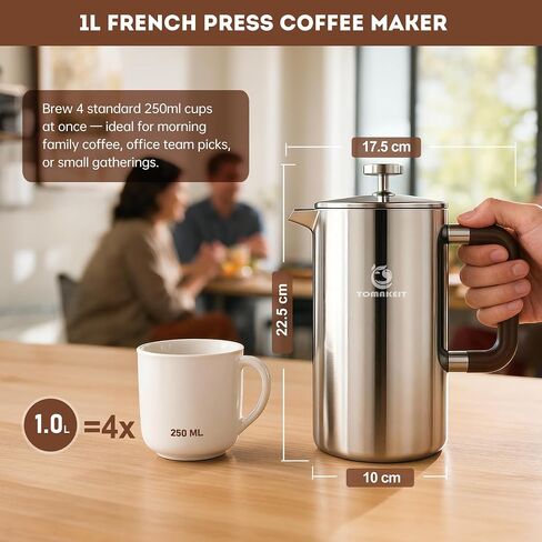 TOMAKEIT 1L/34 Oz French Press Coffee Maker,304 Stainless Steel Coffee Press,Durable & Easy Clean,Leak-Proof Design,Prensa Francesa Para Cafe for Home,Office,Camping (Silver-Upgrade) in Kuwait