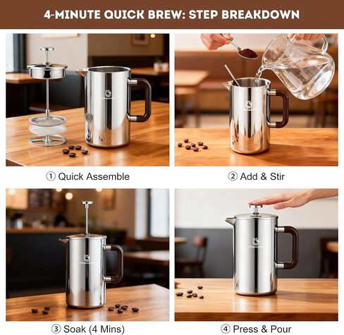 TOMAKEIT 1L/34 Oz French Press Coffee Maker,304 Stainless Steel Coffee Press,Durable & Easy Clean,Leak-Proof Design,Prensa Francesa Para Cafe for Home,Office,Camping (Silver-Upgrade) in Kuwait