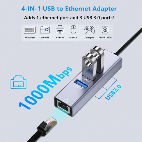 USB to Ethernet Adapter, 4 in 1 Gigabit LAN Network Adapter with 3 x Type-A3.0, USB Hub with Ethernet, RJ45 to Type-A Cable for Laptop, Compatible with Windows, Mac OS, Linux, Surface and More in Kuwait