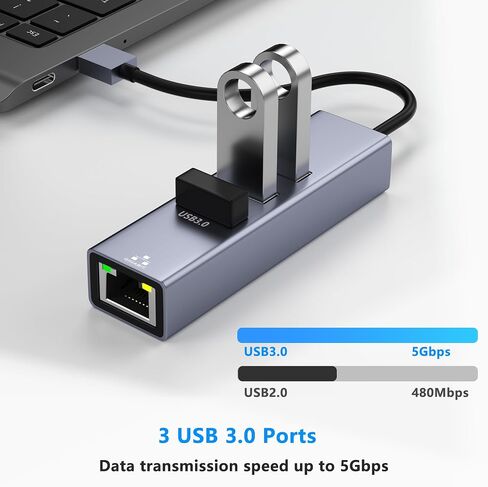 USB to Ethernet Adapter, 4 in 1 Gigabit LAN Network Adapter with 3 x Type-A3.0, USB Hub with Ethernet, RJ45 to Type-A Cable for Laptop, Compatible with Windows, Mac OS, Linux, Surface and More in Kuwait