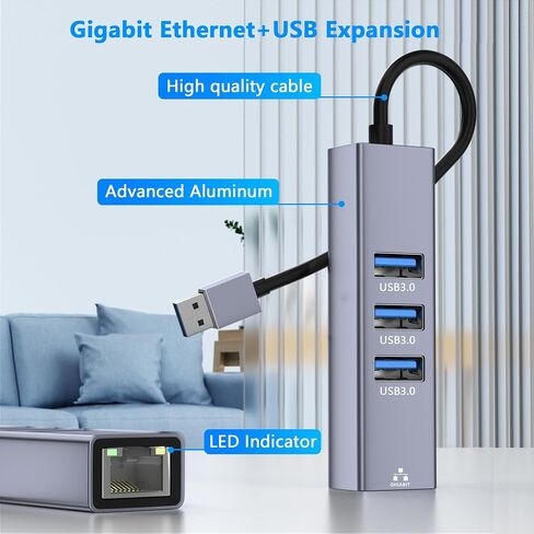 USB to Ethernet Adapter, 4 in 1 Gigabit LAN Network Adapter with 3 x Type-A3.0, USB Hub with Ethernet, RJ45 to Type-A Cable for Laptop, Compatible with Windows, Mac OS, Linux, Surface and More in Kuwait