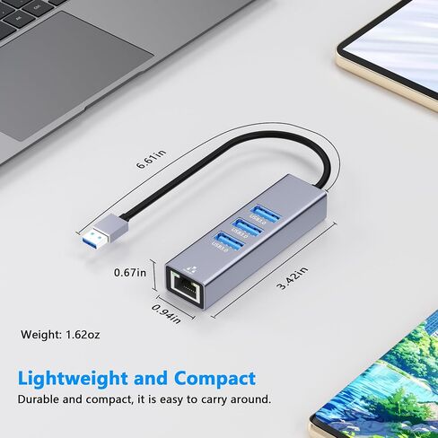 USB to Ethernet Adapter, 4 in 1 Gigabit LAN Network Adapter with 3 x Type-A3.0, USB Hub with Ethernet, RJ45 to Type-A Cable for Laptop, Compatible with Windows, Mac OS, Linux, Surface and More in Kuwait