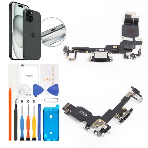 for iPhone 15 Charging Port Replacement (Black) OEM Original Lightning USB Dock Connector Flex Cable Assembly Includes Waterproof Tape & Tool Kit for A3090, A2846, A3089, A3092 in Saudi Arabia