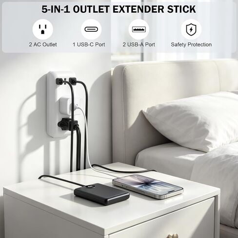Extendable Electrical Outlet Extender Stick, 2 AC Outlets with USB-A & USB-C Ports, 22"-34" Adjustable Length, 180° Rotatable Wall Power Socket Expander for Nightstand, Sofa, Desk Hard-to-Reach Plugs in Saudi Arabia
