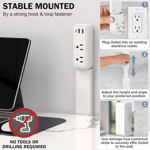Extendable Electrical Outlet Extender Stick, 2 AC Outlets with USB-A & USB-C Ports, 22"-34" Adjustable Length, 180° Rotatable Wall Power Socket Expander for Nightstand, Sofa, Desk Hard-to-Reach Plugs in Saudi Arabia