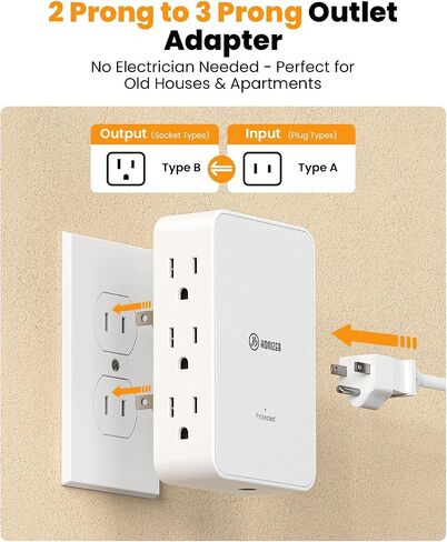 2 Prong to 3 Prong Outlet Adapter, 3 Sided 6 Outlet, PD 20W USB C in Saudi Arabia