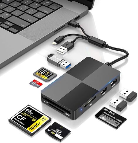 8-in-1 Memory Card Reader, Memory Stick Pro Duo Adapter, SD/TF/MS/CF/XD Card Reader with 3 USB 2.0 Ports, USB-C/Lightning/USB-A Multi Card Reader for iPhone iPad Android Mac PC, OTG Plug & Play in Saudi Arabia