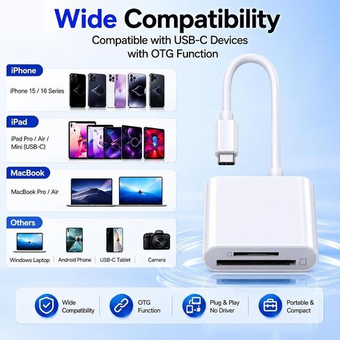 USB-C SD Card Reader, Type C SD Card Reader, Supports SD and MicroSD Memory Card Adapters for iPhone 17 16/15/iPad/MacBook/Mac, High-Speed Trail Camera Viewer Plug & Play -2 Slots in Saudi Arabia