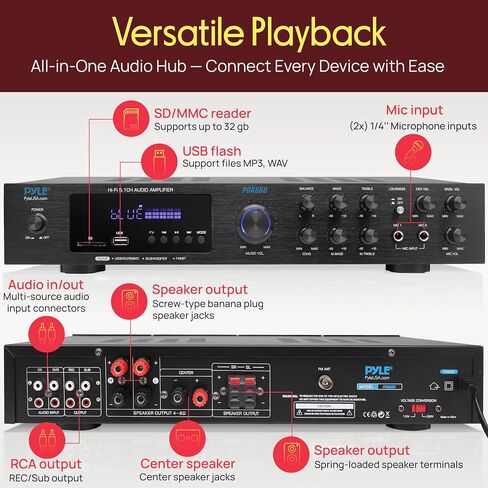 Pyle Bluetooth 5.1 Channel Home Entertainment Amplifier - Subwoofer Out - Easy Karaoke with Dual Mic Inputs w/ Echo, USB-A / SD Reader with MP3 Player, RCA In and Line out - PDA8BU in Saudi Arabia