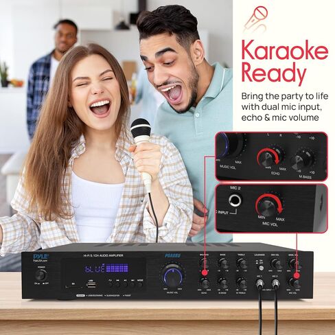 Pyle Bluetooth 5.1 Channel Home Entertainment Amplifier - Subwoofer Out - Easy Karaoke with Dual Mic Inputs w/ Echo, USB-A / SD Reader with MP3 Player, RCA In and Line out - PDA8BU in Saudi Arabia