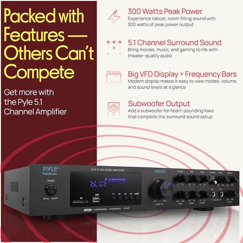 Pyle Bluetooth 5.1 Channel Home Entertainment Amplifier - Subwoofer Out - Easy Karaoke with Dual Mic Inputs w/ Echo, USB-A / SD Reader with MP3 Player, RCA In and Line out - PDA8BU in Saudi Arabia