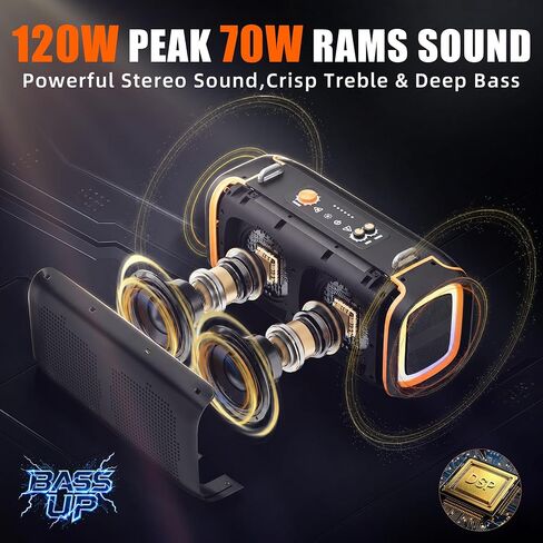 HEAVY BASS Portable Bluetooth Speaker, 120W Peak Wireless Speaker, 28-Hour Playtime, Adjustable Treble & Bass, Loud Stereo Sound for Outdoor Use in Kuwait
