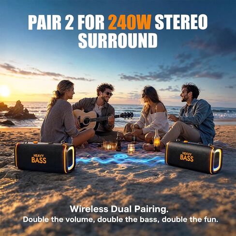 HEAVY BASS Portable Bluetooth Speaker, 120W Peak Wireless Speaker, 28-Hour Playtime, Adjustable Treble & Bass, Loud Stereo Sound for Outdoor Use in Kuwait