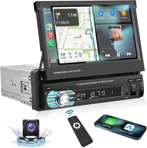 Podofo Single Din Carplay Car Stereo with Bluetooth AHD Backup Camera, 7 Inch flip Out Touch Screen Car Radio MP5 Player Support Android Auto, Mirror Link, USB, TF, FM Radio, Aux-in, SWC in Saudi Arabia