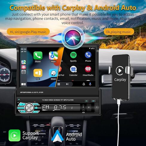 Podofo Single Din Carplay Car Stereo with Bluetooth AHD Backup Camera, 7 Inch flip Out Touch Screen Car Radio MP5 Player Support Android Auto, Mirror Link, USB, TF, FM Radio, Aux-in, SWC in Saudi Arabia