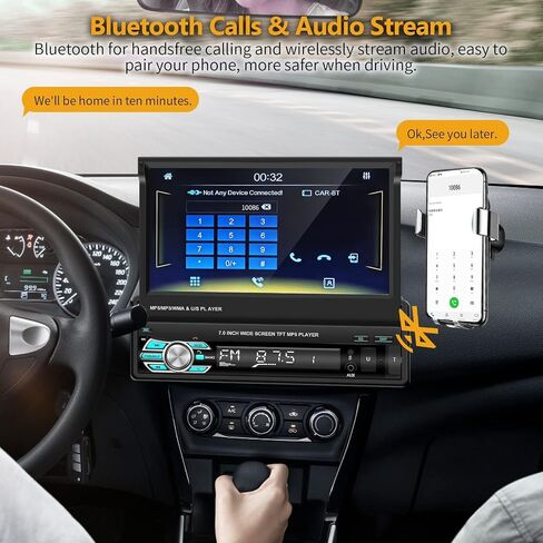 Podofo Single Din Carplay Car Stereo with Bluetooth AHD Backup Camera, 7 Inch flip Out Touch Screen Car Radio MP5 Player Support Android Auto, Mirror Link, USB, TF, FM Radio, Aux-in, SWC in Saudi Arabia