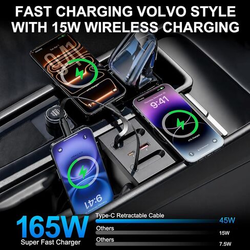 شاحن لاسلكي 15 وات ومحور USB مناسب خصيصًا لفولفو XC60 XC90 S90 V90 S60 V60، محطة إرساء وحدة التحكم المركزية مع كابلين قابلين للسحب بقدرة 45 وات من النوع C، ملحقات فولفو الداخلية للشحن السريع متعددة المنافذ in Kuwait