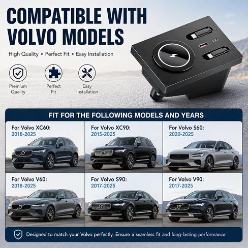شاحن لاسلكي 15 وات ومحور USB مناسب خصيصًا لفولفو XC60 XC90 S90 V90 S60 V60، محطة إرساء وحدة التحكم المركزية مع كابلين قابلين للسحب بقدرة 45 وات من النوع C، ملحقات فولفو الداخلية للشحن السريع متعددة المنافذ in Kuwait