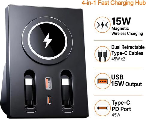 شاحن لاسلكي 15 وات ومحور USB مناسب خصيصًا لفولفو XC60 XC90 S90 V90 S60 V60، محطة إرساء وحدة التحكم المركزية مع كابلين قابلين للسحب بقدرة 45 وات من النوع C، ملحقات فولفو الداخلية للشحن السريع متعددة المنافذ in Kuwait